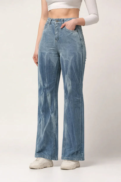 Kagad Womens High Rise Wide Leg Flared Light Blue Tie Dyed Denim Jeans - Style Code "KGDJNS-404022