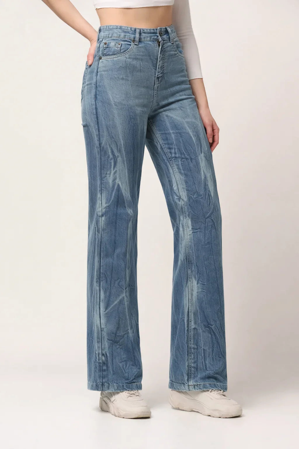 Kagad Womens High Rise Wide Leg Flared Light Blue Tie Dyed Denim Jeans - Style Code "KGDJNS-404022