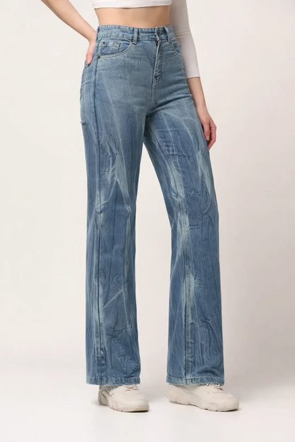 Kagad Womens High Rise Wide Leg Flared Light Blue Tie Dyed Denim Jeans - Style Code "KGDJNS-404022