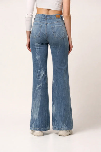 Kagad Womens High Rise Wide Leg Flared Light Blue Tie Dyed Denim Jeans - Style Code "KGDJNS-404022