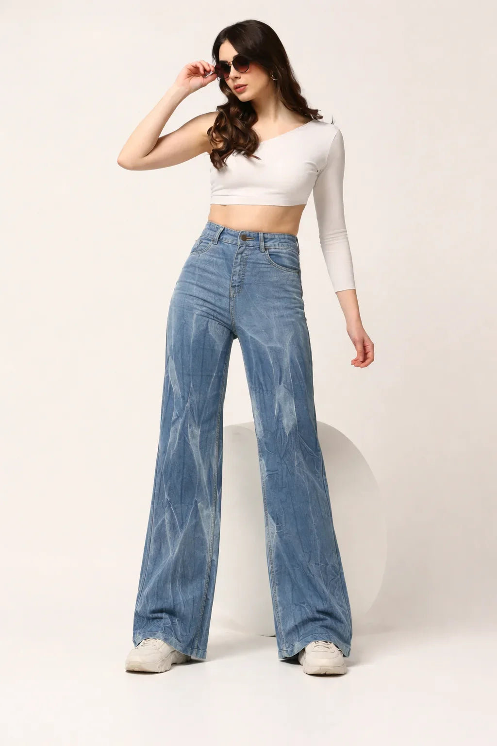 Kagad Womens High Rise Wide Leg Flared Light Blue Tie Dyed Denim Jeans - Style Code "KGDJNS-404022