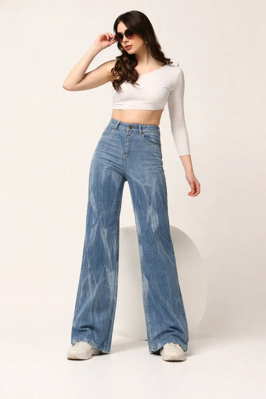 Kagad Womens High Rise Wide Leg Flared Light Blue Tie Dyed Denim Jeans - Style Code "KGDJNS-404022