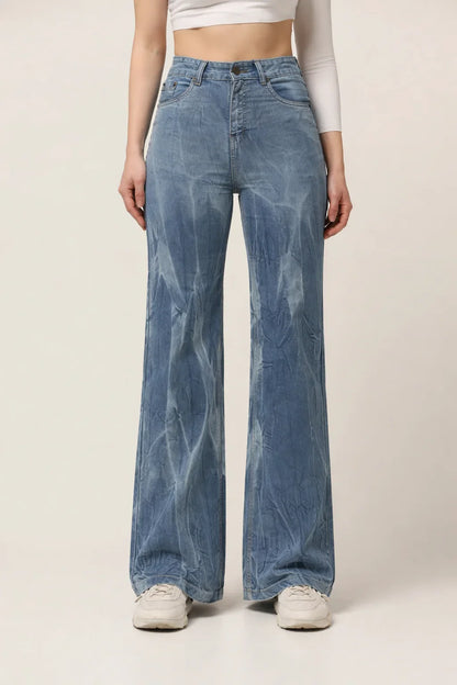 Kagad Womens High Rise Wide Leg Flared Light Blue Tie Dyed Denim Jeans - Style Code "KGDJNS-404022