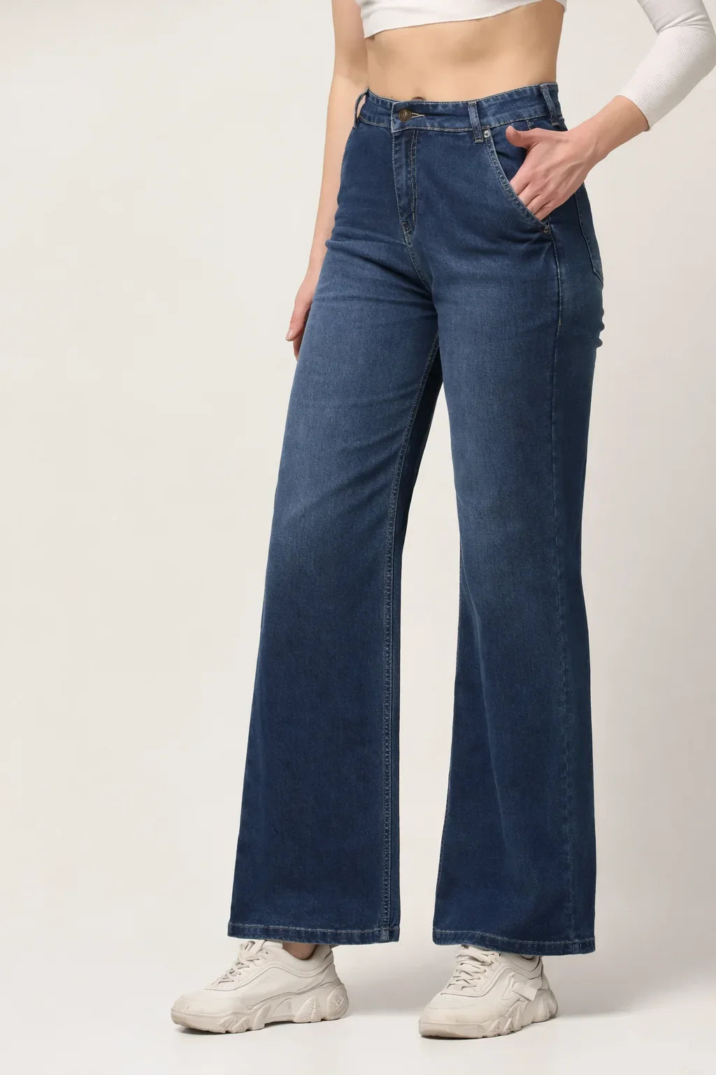 Kagad Womens High Rise Wide Leg Flared Mid Blue Denim Jeans - Style Code "KGDJNS-404012