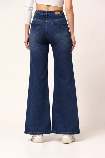 Kagad Womens High Rise Wide Leg Flared Mid Blue Denim Jeans - Style Code "KGDJNS-404012