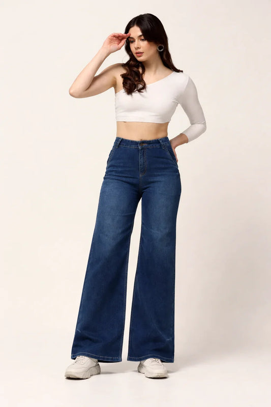 Kagad Womens High Rise Wide Leg Flared Mid Blue Denim Jeans - Style Code "KGDJNS-404012