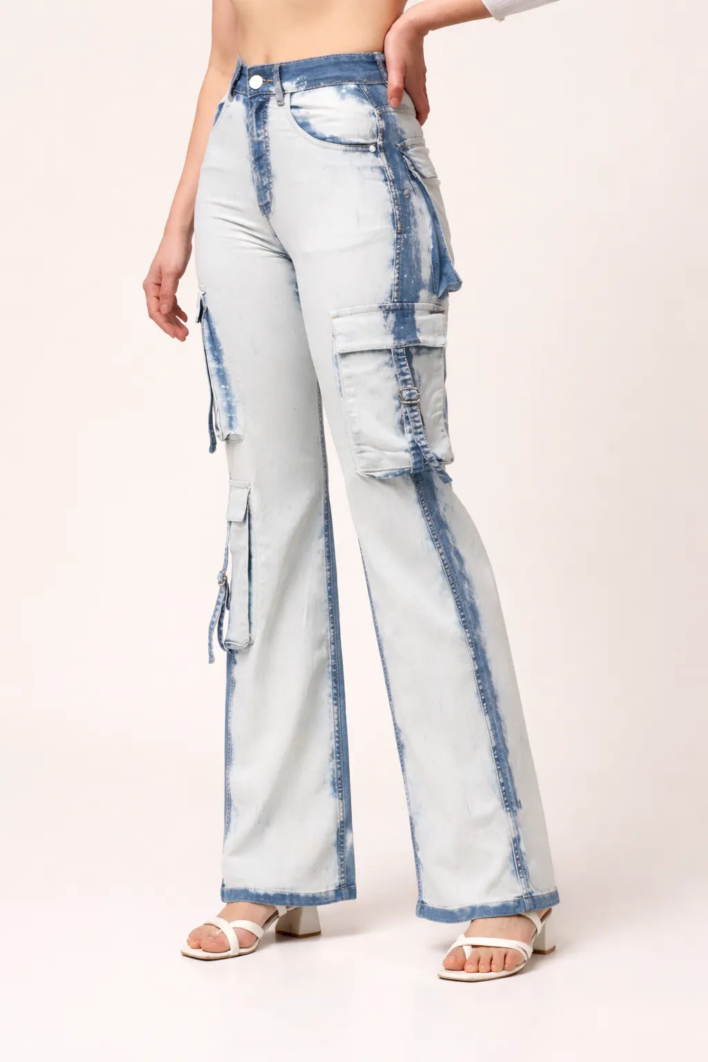Kagad Womens High Rise Wide Leg Regular Fit White blue Denim Cargo Pocket Jeans - Style Code "KGDJGR-404006