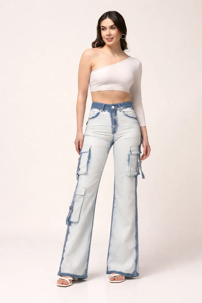 Kagad Womens High Rise Wide Leg Regular Fit White blue Denim Cargo Pocket Jeans - Style Code "KGDJGR-404006