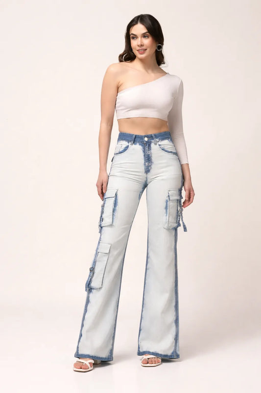 Kagad Womens High Rise Wide Leg Regular Fit White blue Denim Cargo Pocket Jeans - Style Code "KGDJGR-404006