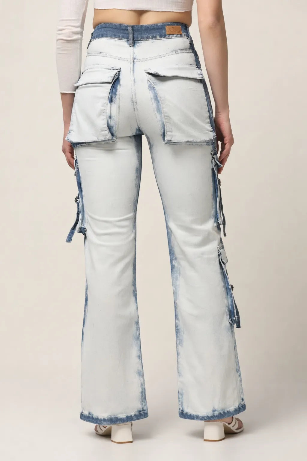 Kagad Womens High Rise Wide Leg Regular Fit White blue Denim Cargo Pocket Jeans - Style Code "KGDJGR-404006