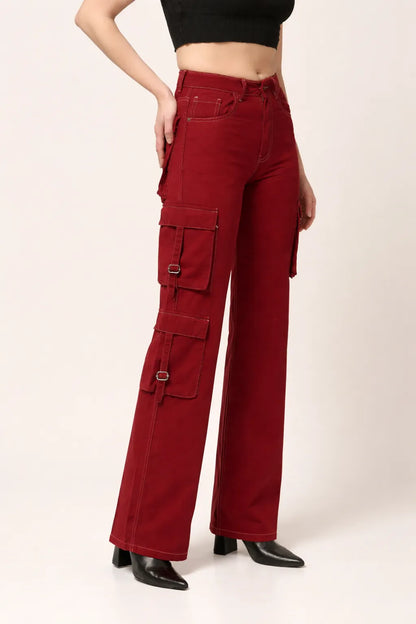 Kagad Womens High Rise Wide Leg Regular Fit Crimson Red Denim Cargo Pocket Jeans - Style Code "KGDJGR-404008
