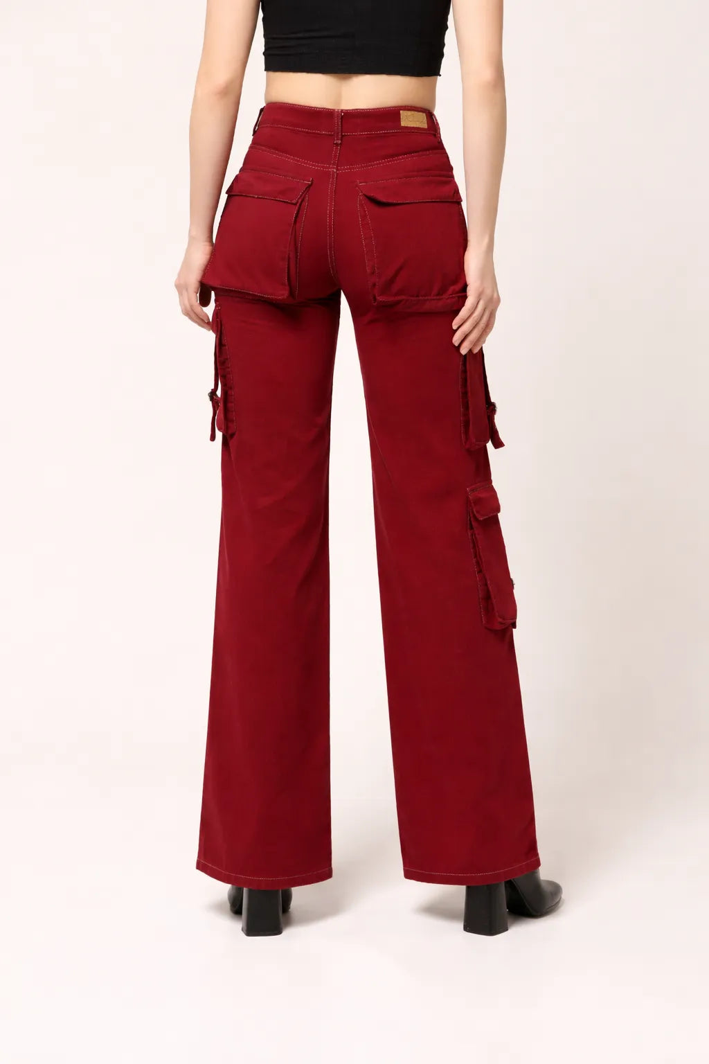 Kagad Womens High Rise Wide Leg Regular Fit Crimson Red Denim Cargo Pocket Jeans - Style Code "KGDJGR-404008