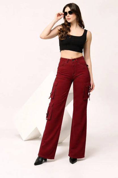 Kagad Womens High Rise Wide Leg Regular Fit Crimson Red Denim Cargo Pocket Jeans - Style Code "KGDJGR-404008