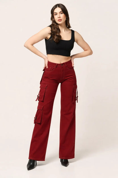 Kagad Womens High Rise Wide Leg Regular Fit Crimson Red Denim Cargo Pocket Jeans - Style Code "KGDJGR-404008