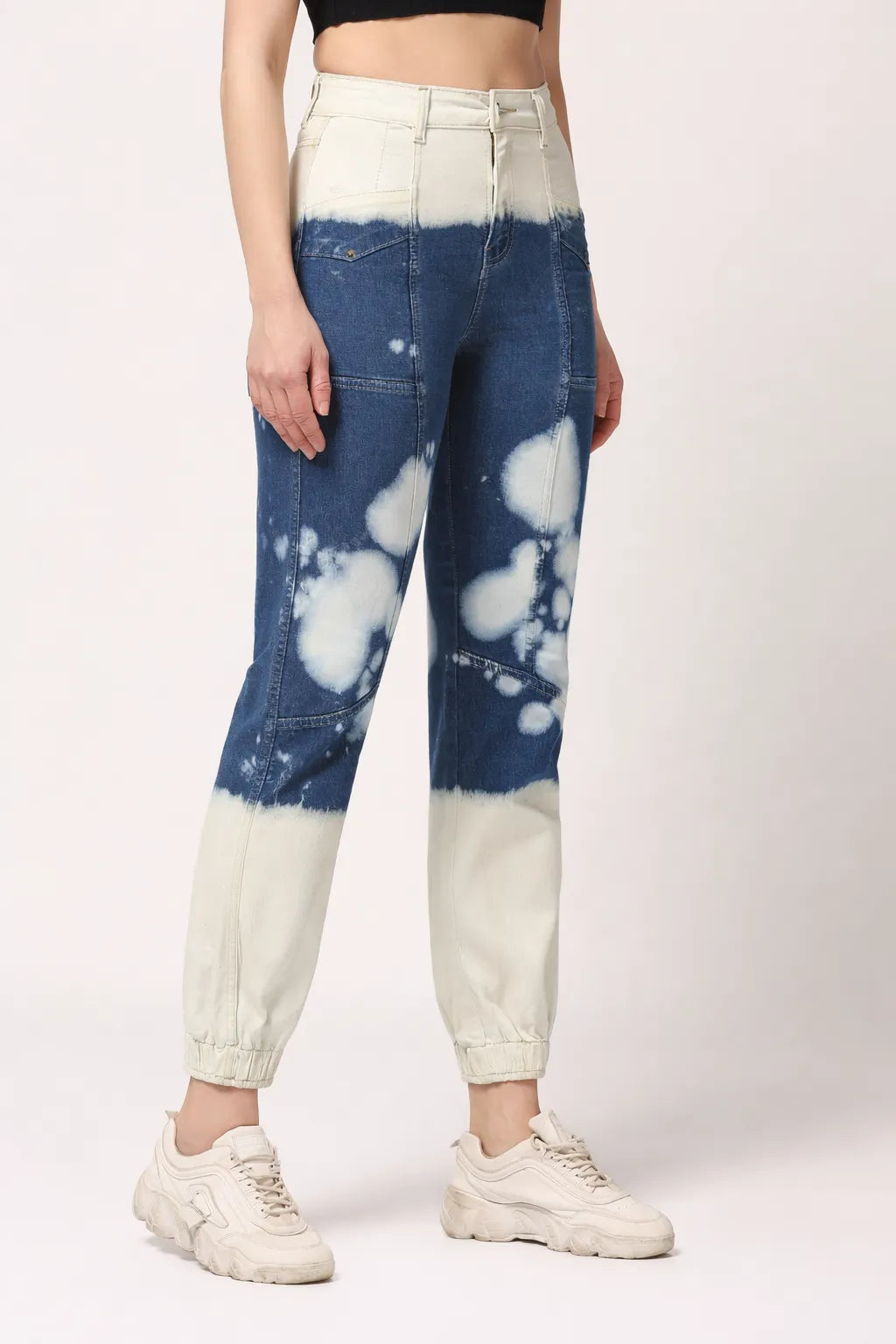 Abfy Zoo Womens High Rise Regular Fit Off White Indigo Blue Ombray Dyed Denim Jogger - Style Code "KGDJGR-404004