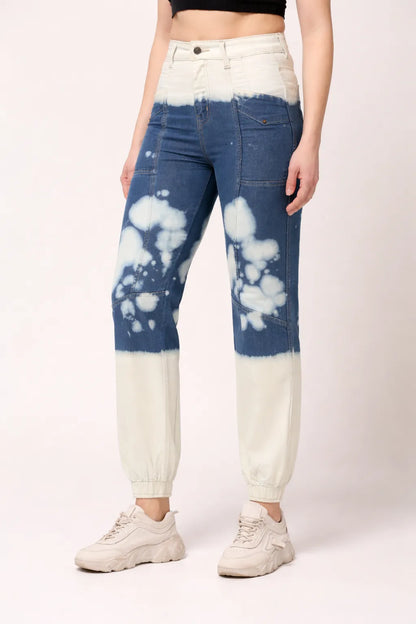 Abfy Zoo Womens High Rise Regular Fit Off White Indigo Blue Ombray Dyed Denim Jogger - Style Code "KGDJGR-404004