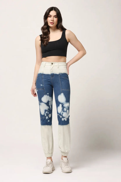 Abfy Zoo Womens High Rise Regular Fit Off White Indigo Blue Ombray Dyed Denim Jogger - Style Code "KGDJGR-404004