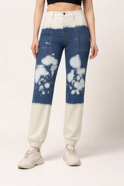Abfy Zoo Womens High Rise Regular Fit Off White Indigo Blue Ombray Dyed Denim Jogger - Style Code "KGDJGR-404004