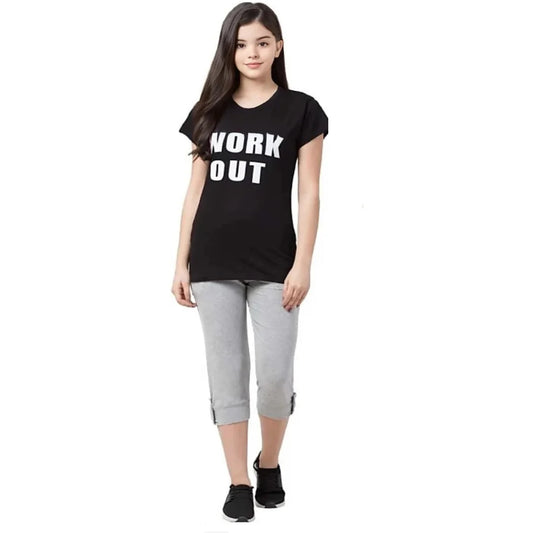 Girls Cotton Blend “Work Out” Printed Top & Capri Set – Comfortable 2-Piece Casual Wear