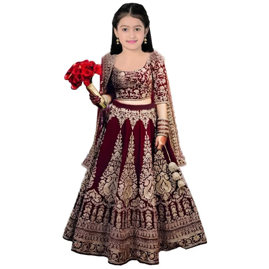 Girls Cotton Blend Lehenga Choli with Dupatta – Maroon Embroidered Festive Wear Set