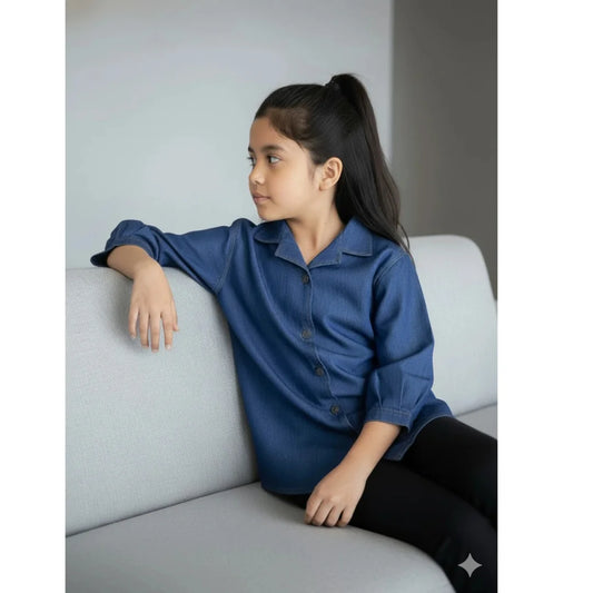 Girls Cotton Blend Solid Blue Shirt Top – Casual Stylish Kids Wear