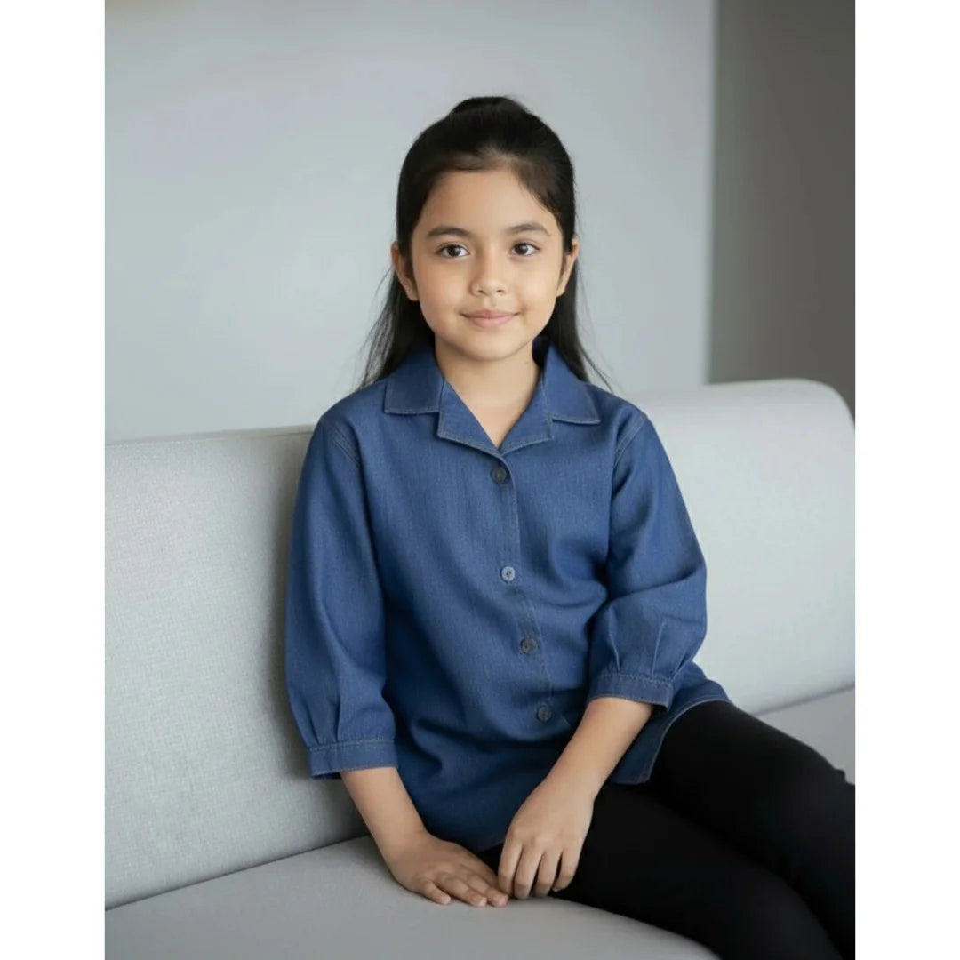 Girls Cotton Blend Solid Blue Shirt Top – Casual Stylish Kids Wear