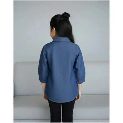 Girls Cotton Blend Solid Blue Shirt Top – Casual Stylish Kids Wear