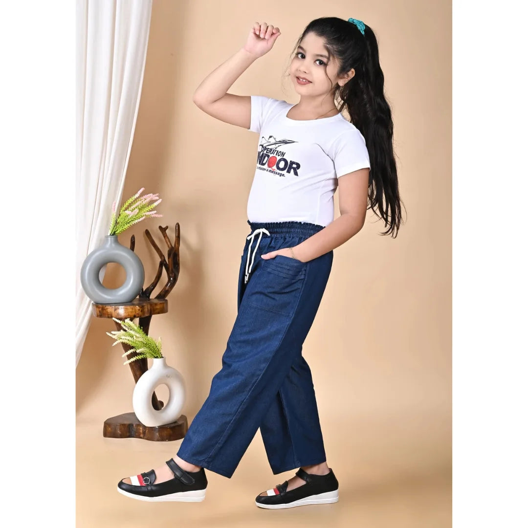 Girls Cotton Blend Blue Elastic Waist Pant with Drawstring – Comfortable Everyday Wear