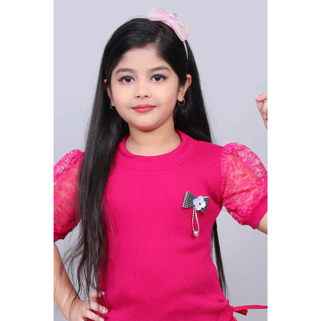 Girls Cotton Blend Top & Denim Jeans Set – Stylish Pink Top with Flared Blue Jeans