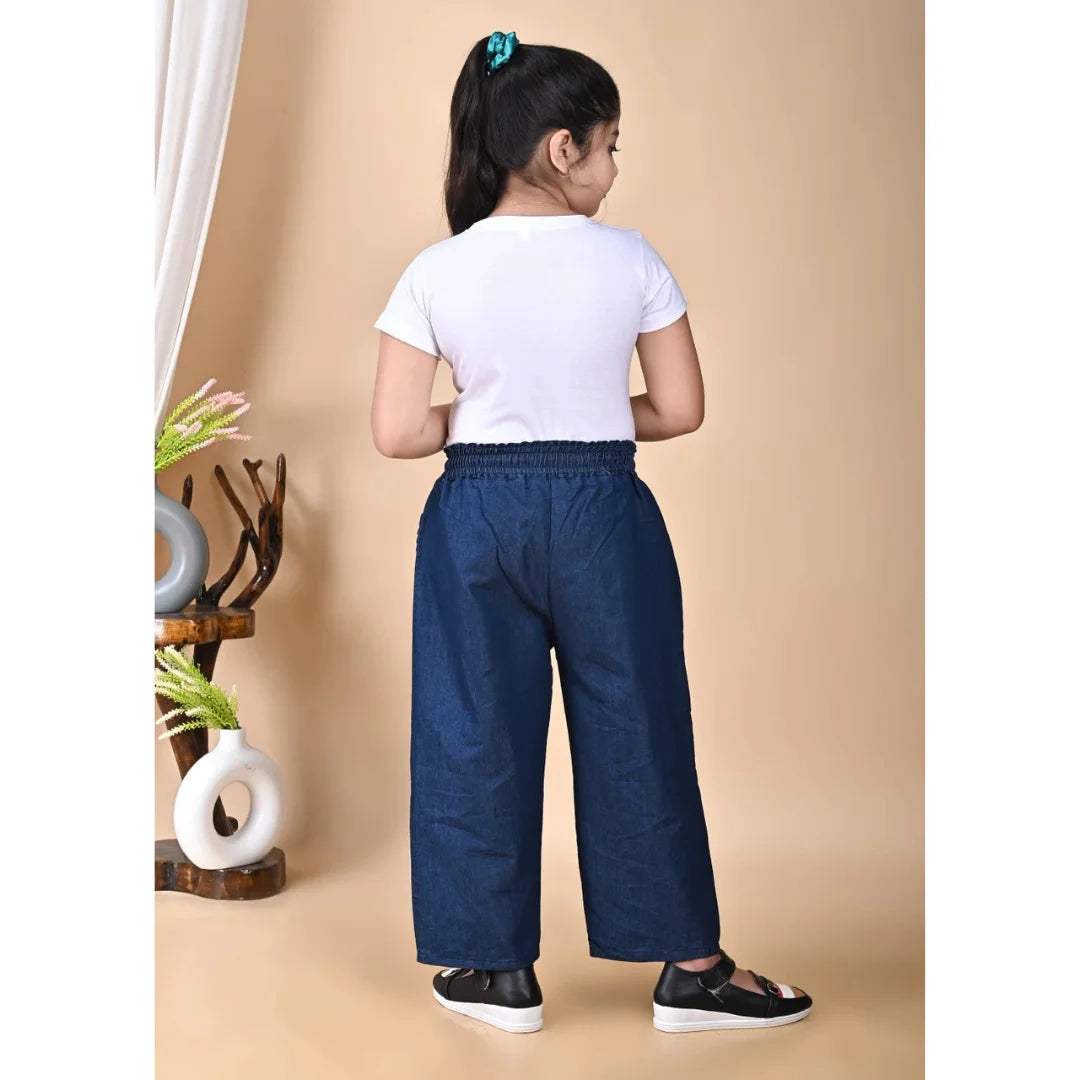 Girls Cotton Blend Blue Elastic Waist Pant with Drawstring – Comfortable Everyday Wear