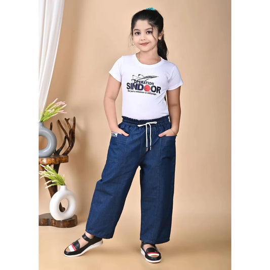 Girls Cotton Blend Blue Elastic Waist Pant with Drawstring – Comfortable Everyday Wear