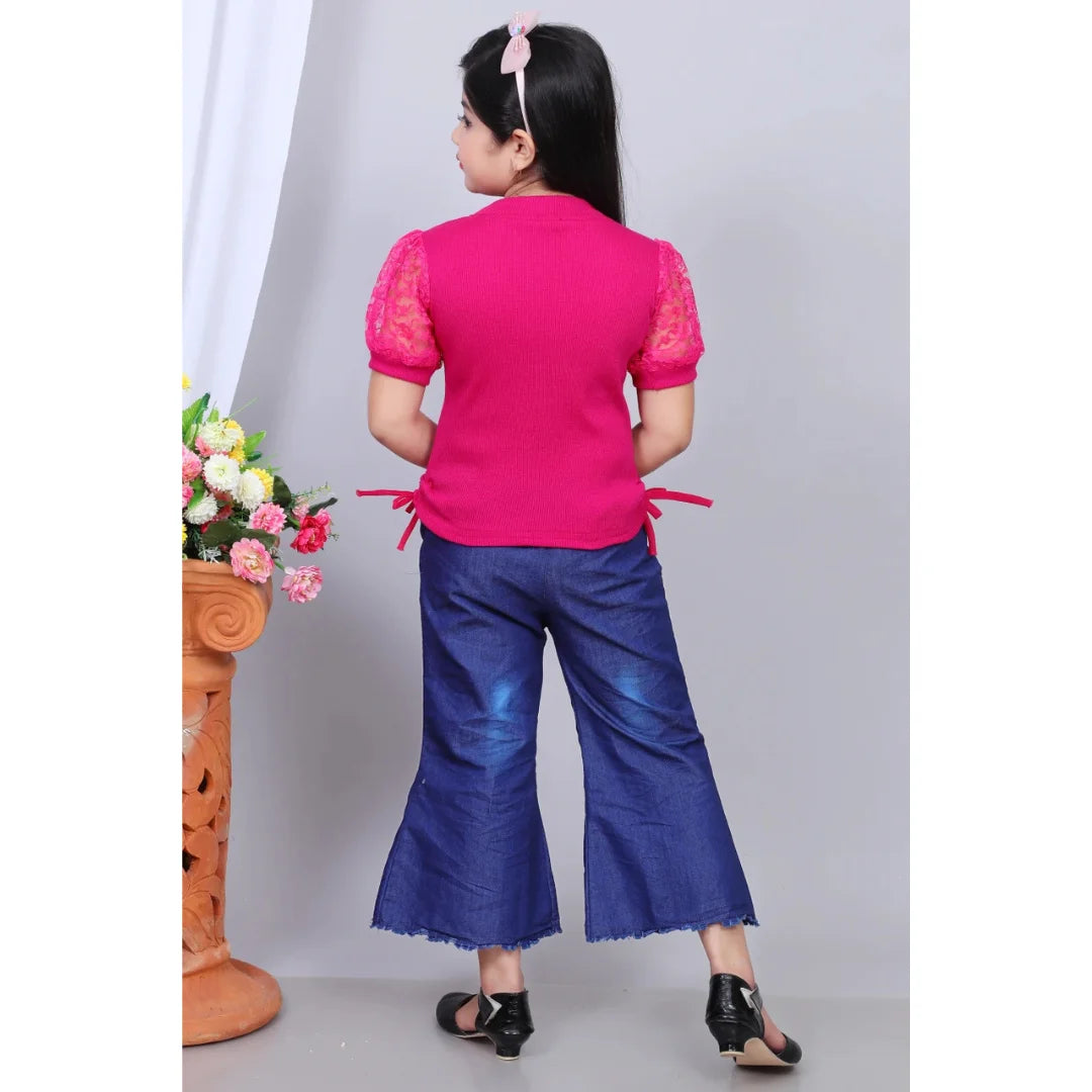 Girls Cotton Blend Top & Denim Jeans Set – Stylish Pink Top with Flared Blue Jeans