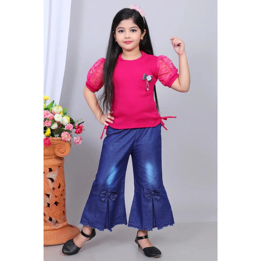 Girls Cotton Blend Top & Denim Jeans Set – Stylish Pink Top with Flared Blue Jeans