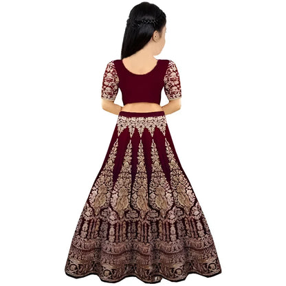 Girls Cotton Blend Lehenga Choli with Dupatta – Maroon Embroidered Festive Wear Set