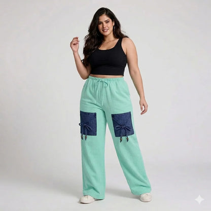 Mint Green Denim Palazzo Jeans with Front Thigh Pockets – Relaxed Fit