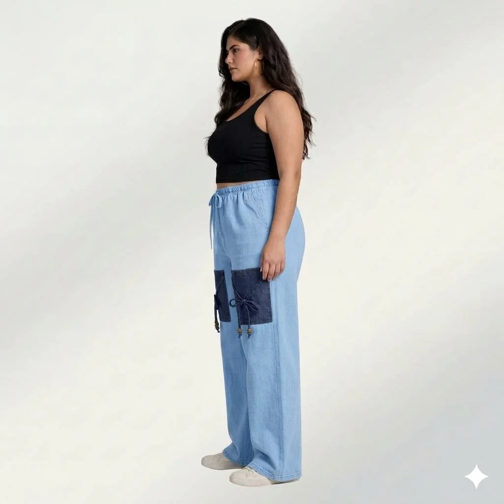 Light Blue Denim Palazzo Jeans with Front Thigh Pockets – Relaxed Wide Leg Fit