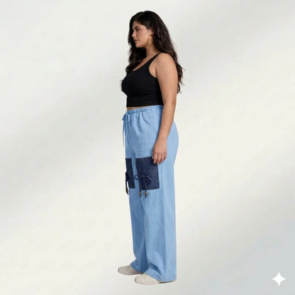 Light Blue Denim Palazzo Jeans with Front Thigh Pockets – Relaxed Wide Leg Fit