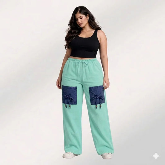 Mint Green Denim Palazzo Jeans with Front Thigh Pockets – Relaxed Fit