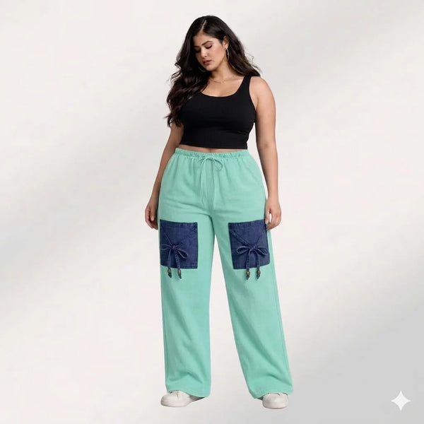 Mint Green Denim Palazzo Jeans with Front Thigh Pockets – Relaxed Fit