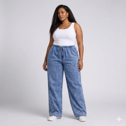 Denim Wide-Leg Jeans & Navy Blue Elephant Print Cotton Harem Pants Combo (Pack of 2)