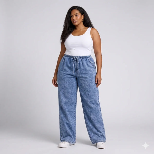 Womens elasticated waist loose straight fit Jeans KGDJNS-404037