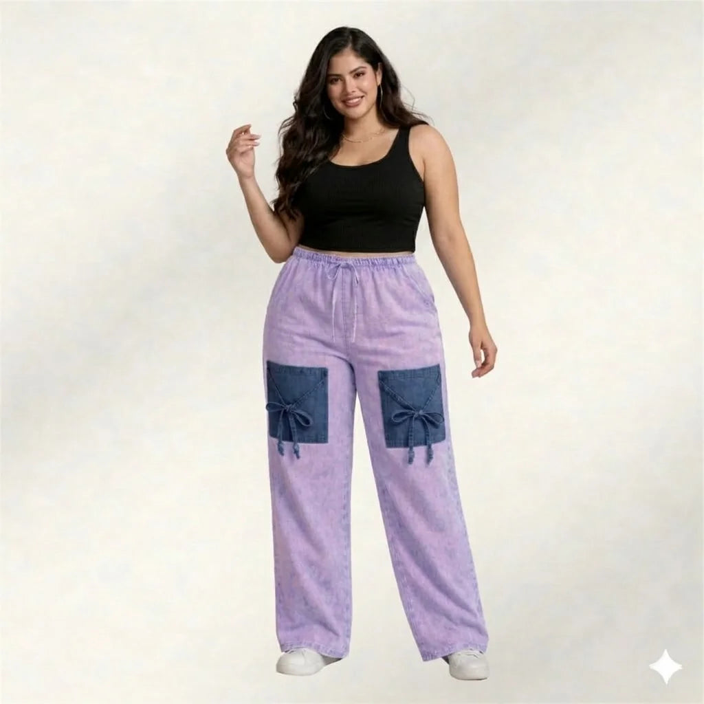 Lavender Denim Palazzo Jeans with Front Thigh Pockets – Relaxed Wide Leg Fit