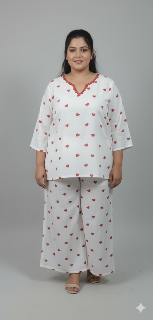 Women’s Romantic Heart Print 2-Piece Set Pure Rayon V-Neck Top & Wide-Leg Trousers