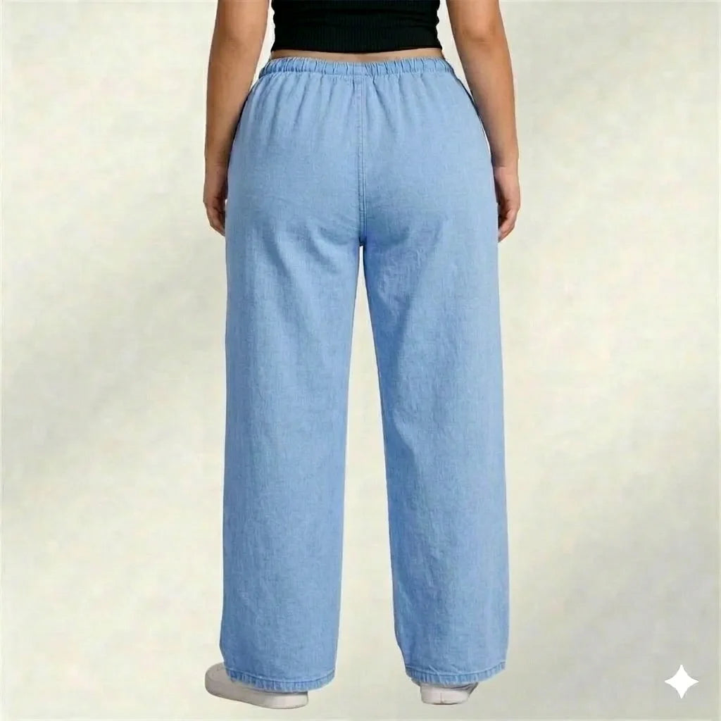 Light Blue Denim Palazzo Jeans with Front Thigh Pockets – Relaxed Wide Leg Fit