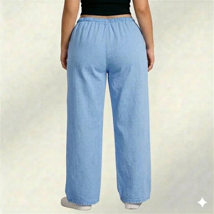 Light Blue Denim Palazzo Jeans with Front Thigh Pockets – Relaxed Wide Leg Fit
