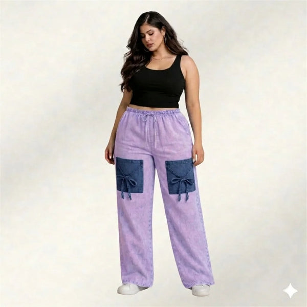 Lavender Denim Palazzo Jeans with Front Thigh Pockets – Relaxed Wide Leg Fit