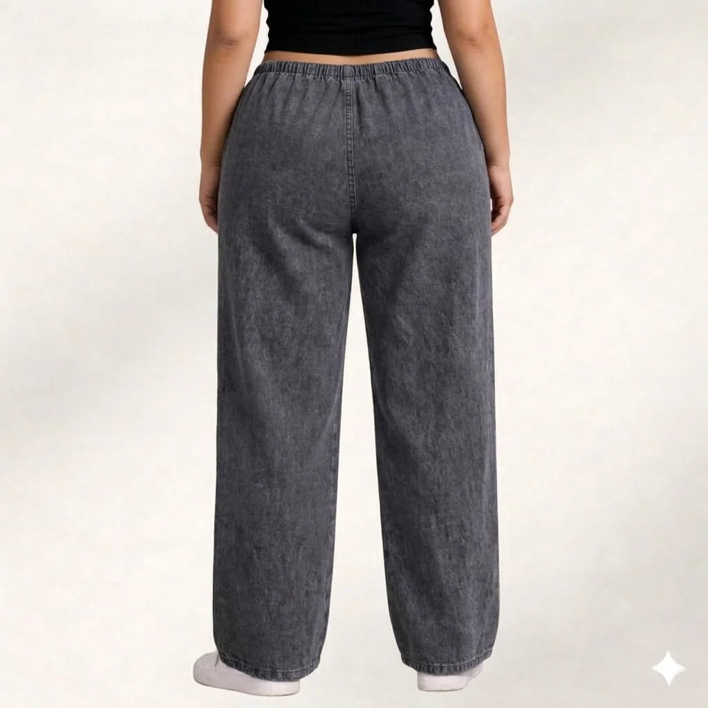 Denim Palazzo Jeans with Front Thigh Pockets – Relaxed Wide Leg Fit