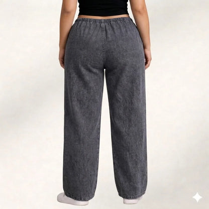 Denim Palazzo Jeans with Front Thigh Pockets – Relaxed Wide Leg Fit