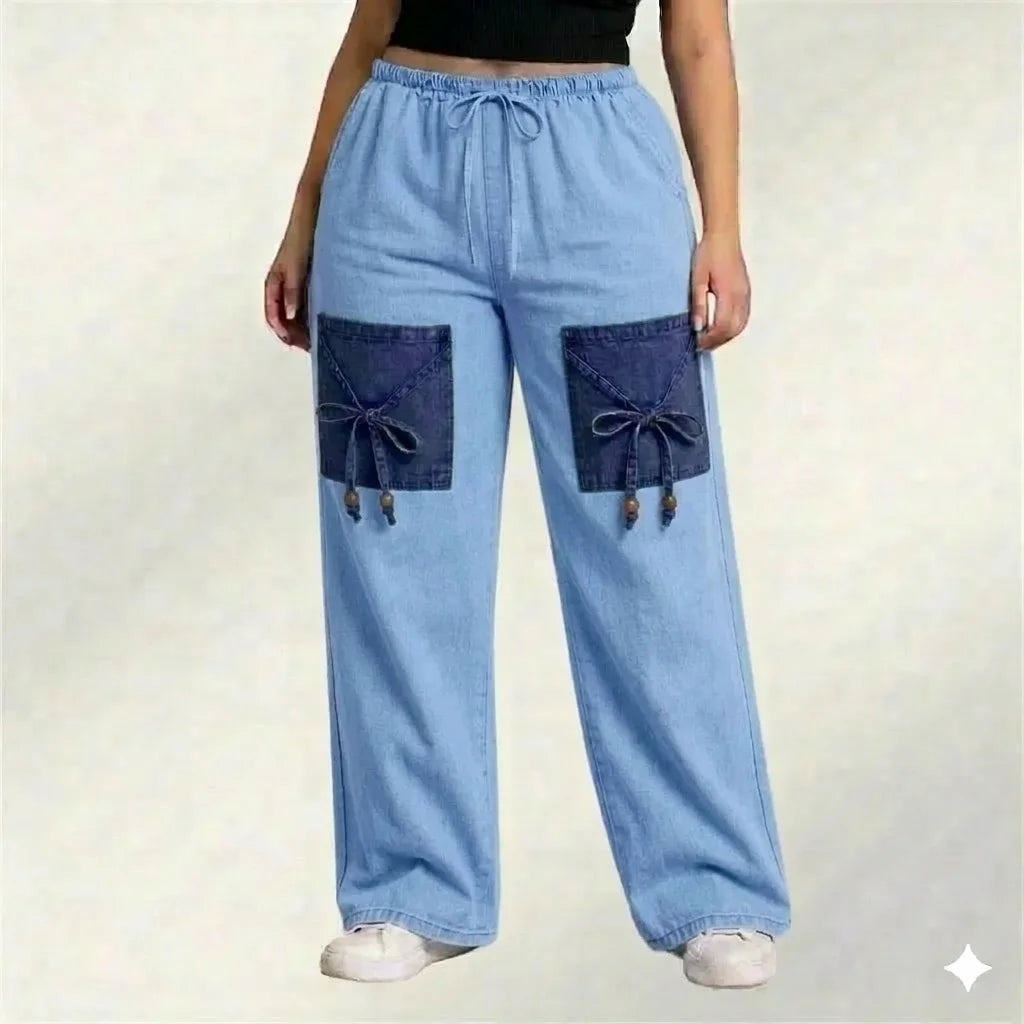 Light Blue Denim Palazzo Jeans with Front Thigh Pockets – Relaxed Wide Leg Fit