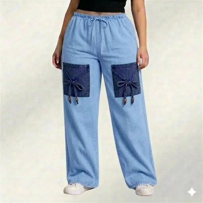 Light Blue Denim Palazzo Jeans with Front Thigh Pockets – Relaxed Wide Leg Fit